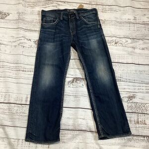 1605. Men’s Silver Dark Blue Boot Cut Jeans Size 33x30 EUC
